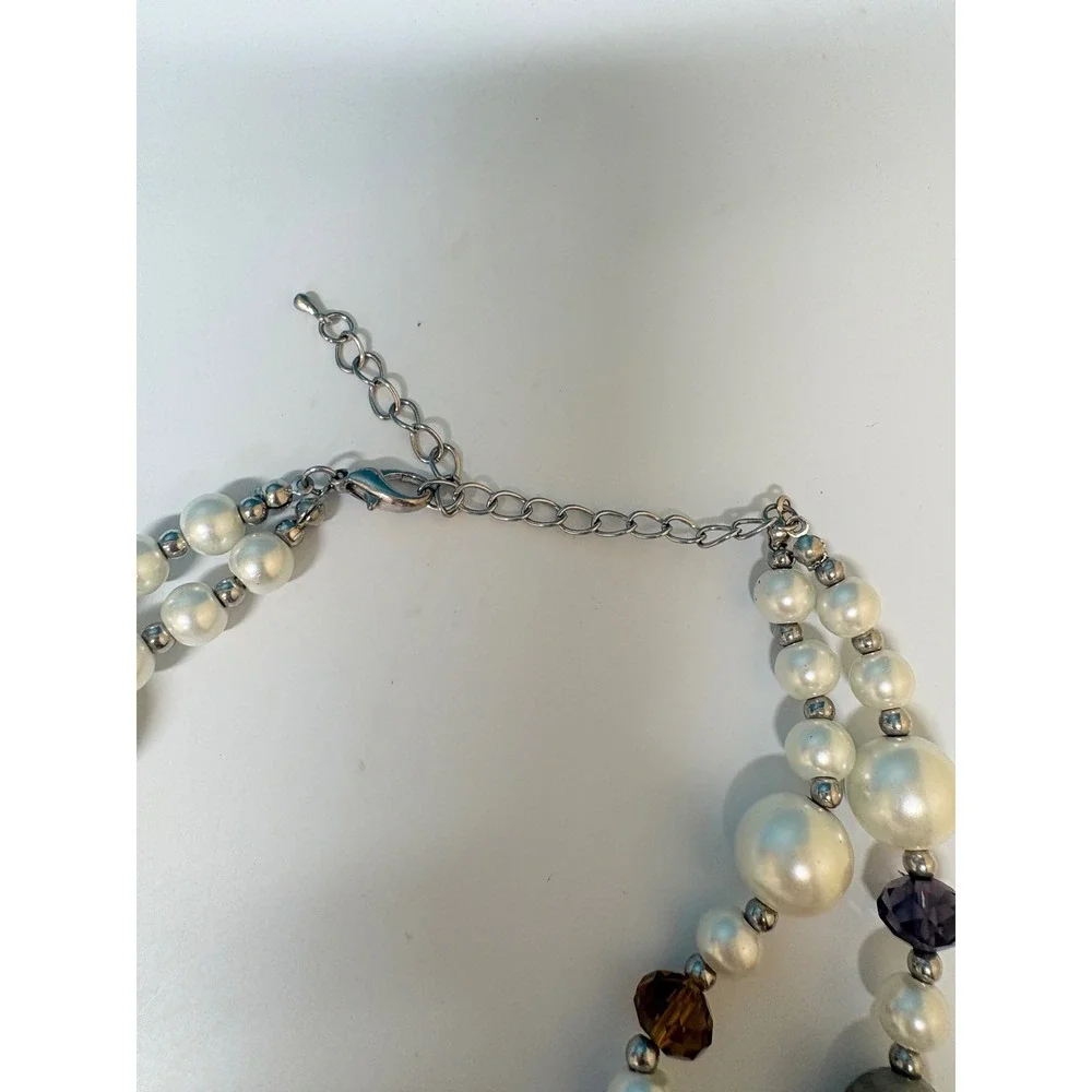 Multicolor Double Strand Beaded Necklace Faux Pearl Art Glass Statement Silver